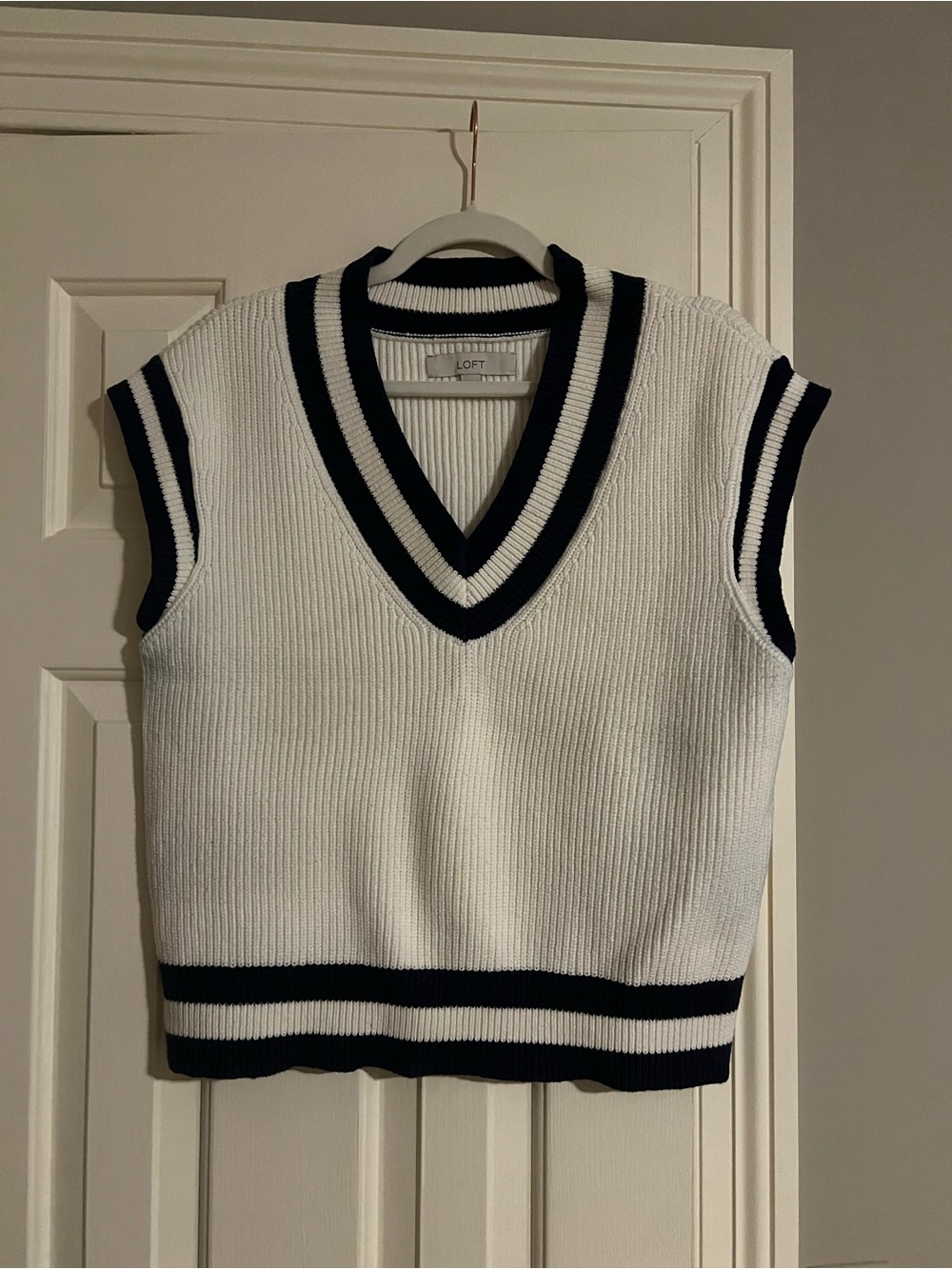 LOFT White V-Neck Cricket Sweater Vest with Navy Trim